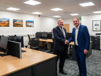 Alun Williams, CEO, Swansea Building Society welcomes Cllr Rob Stewart, Swansea Council Leader, for official opening of Swansea Building Society head office expansion