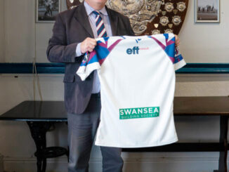 Alun Williams CEO Swansea Building Society with Swansea RFC shirt for 23-24 season